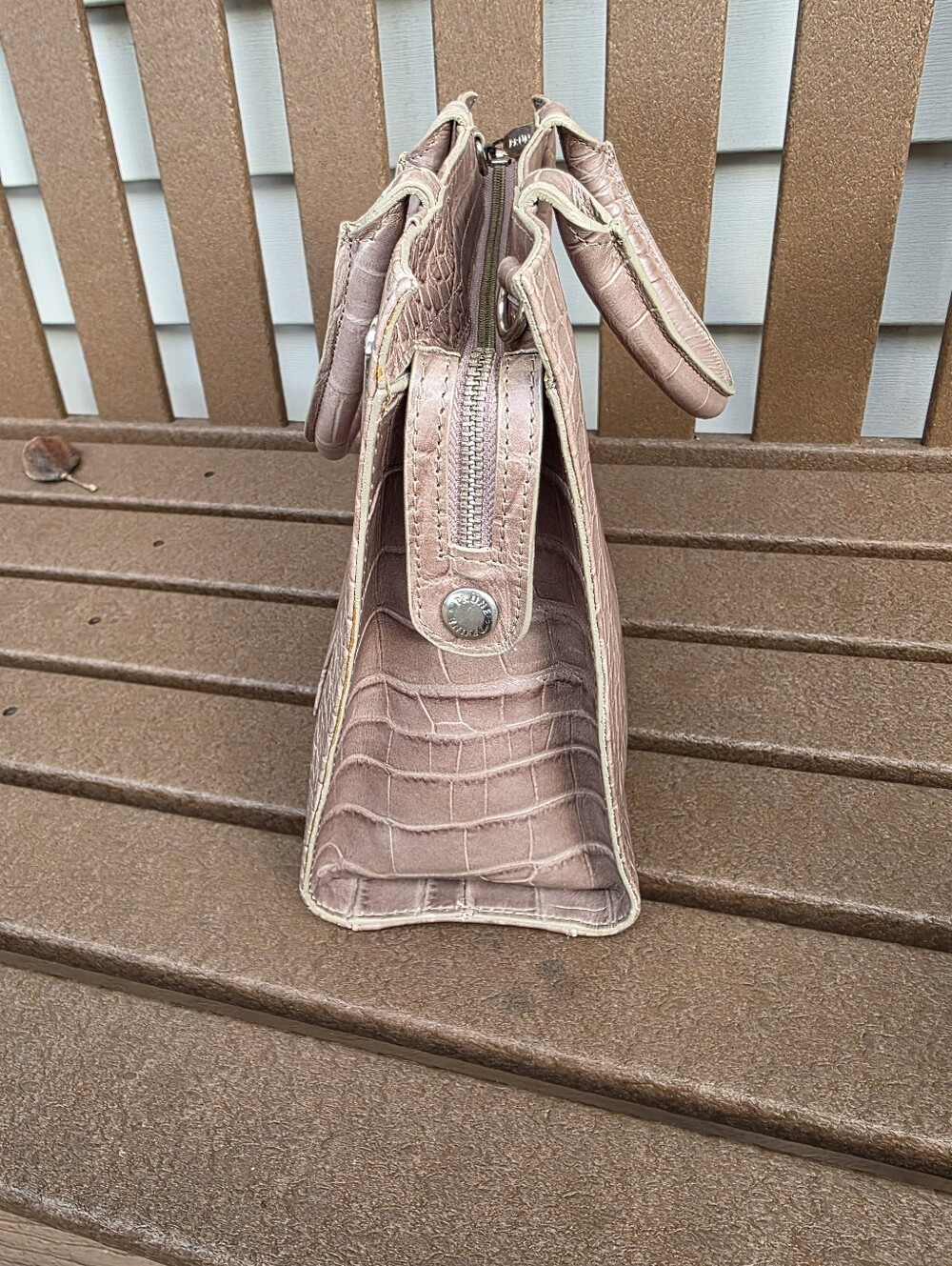 PRUNE NEW Taupe 30 Cm BIRKEN-STYLE Croc-Embossed Leather Satchel. With Bag & Tag - Picture 7 of 10